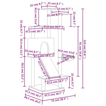Diagramm der Abmessungen und Merkmale eines Katzenbaums, der mehrere Plattformen, eine Rutsche und einen gemütlichen Rückzugsort zeigt, mit Maßen in Zentimetern.