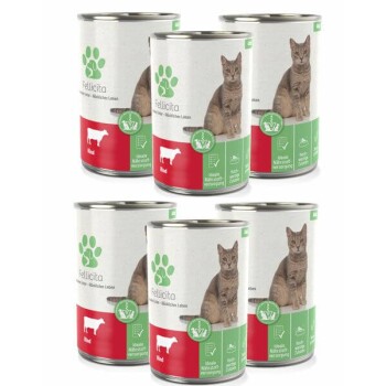 Sechs Dosen Fellicita Katzenfutter, mit einer grauen Katze auf dem Etikett, mit roten und grünen Abschnitten, die Zutaten und Nährstoffvorteile anzeigen.