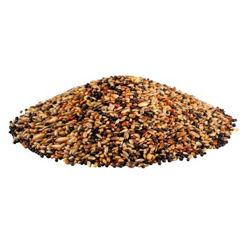 Ein großer Haufen gemischter Vogelfuttermischung mit verschiedenen Samen in Brauntönen, Schwarz und Orange, ideal für Haustiervögel.