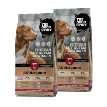 Deux sacs de nourriture pour chiens, "The Good Stuff", avec un golden retriever et un texte bilingue sur l'alimentation responsable.