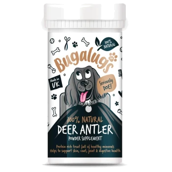 Bugalugs 100 % natürliches Hirschgeweihpulver-Ergänzungsmittel für Hunde, hergestellt in Großbritannien, unterstützt Haut, Fell, Gelenke und Verdauung.
