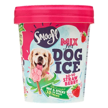 Eis Mix für Hunde Erdbeere Behälter mit Smoofl Mix für Hundeeis im Geschmack "So-So Straw Berry", mit einem glücklichen Hund, der einen pfotenförmigen Leckerbissen auf dem Etikett hält.