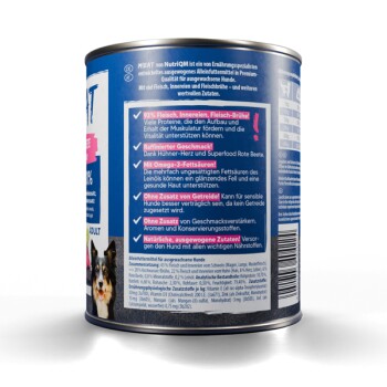 Dose NutriQRM Nassfutter für erwachsene Hunde, mit 93 % Fleisch, ohne Getreide, Omega-3-Fettsäuren und natürlichen Zutaten.