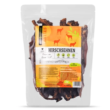 Hirschsehnen 600 g Eine durchsichtige Plastiktüte mit getrockneten Hirschsehnen, beschriftet mit "Hirschsehnen" und dem Text "Premium Kauartikel" und "100% Naturprodukt", mit einem Gewicht von 600g.