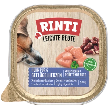 Hundefutterverpackung mit dem Gesicht eines Hundes, gekennzeichnet als "Rinti Leichte Beute," mit niedrigem Fettgehalt, niedrigen Kalorien und hoher Verdaulichkeit.