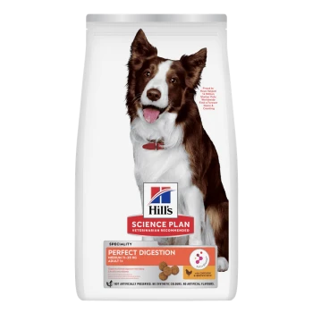 Hill's Science Plan hondenvoerzak 'Perfect Digestion' met een glimlachende bruin‑witte hond.