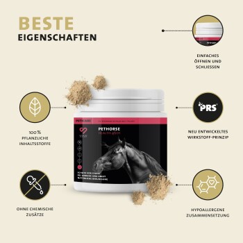 Behälter mit PETHORSE Health 4601 Pulver für Pferde, mit einem Bild eines schwarzen Pferdes, mit Text, der pflanzenbasierte Zutaten und Stressabbau hervorhebt.