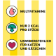 Das Bild zeigt einen gelben Hintergrund mit drei Symbolen und Text: 'Multivitamine', 'Nur 2 Kcal pro Stück!' und 'Unwiderstehlich für Katzen und Kätzchen.'