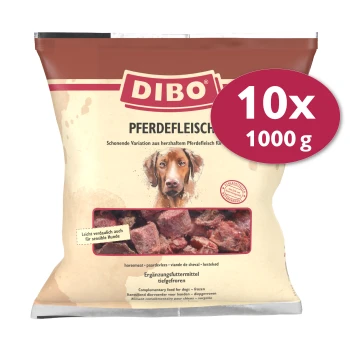 Gefrorenes Pferdefleisch für Hunde, 10 Packungen mit jeweils 1000 g, beschriftet mit 'DIBO Pferdefleisch', mit einem Hinweis, dass es für empfindliche Hunde geeignet ist.