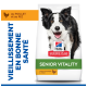 Hill's Senior Vitality Hundefutterbeutel (Science Plan, Huhn & Reis) mit einem lächelnden Border Collie; sichtbar 'au poulet et au riz'.