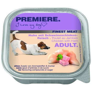 Emballage de nourriture pour chiens avec un chien joueur, étiqueté "Première. J'aime mon chien," avec "Viande de qualité" et "Poulet avec jambon" en plusieurs langues.