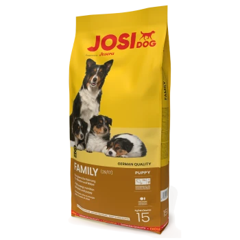 Gelber Hundefutterbeutel mit der Aufschrift "JOSI DOG" und Bildern von Welpen, mit den Texten "FAMILY (29/17)" und "PUPPY", der eine hochenergetische Ernährung betont.