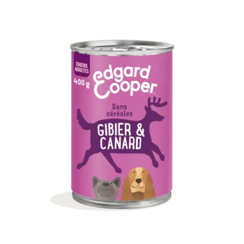 Boîte de 400 g de nourriture pour chien Edgard Cooper avec une étiquette violette montrant un cerf, un chien et un chat, étiquetée "Gibier & Canard" et "Sans céréales."