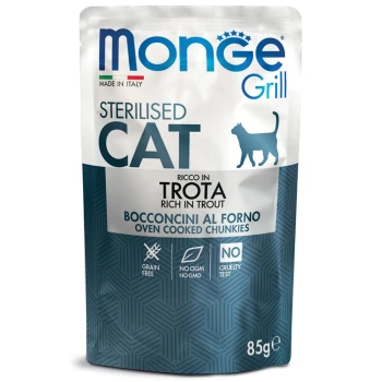 Tüte Monge Grill Sterilised Katzenfutter, reich an Forelle, mit den Texten "Getreidefrei," "Keine OGM, kein GMO," und "Tierversuch."