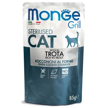 Tüte Monge Grill Sterilised Katzenfutter, reich an Forelle, mit den Texten "Getreidefrei," "Keine OGM, kein GMO," und "Tierversuch."
