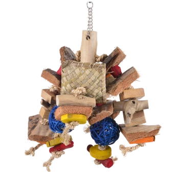 Buntes Vogelspielzeug aus Holz, natürlichen Fasern und gewebten Materialien, mit blauen und gelben Bällen, ideal zur Bereicherung für Haustiere.