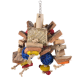 Buntes Vogelspielzeug aus Holz, natürlichen Fasern und gewebten Materialien, mit blauen und gelben Bällen, ideal zur Bereicherung für Haustiere.