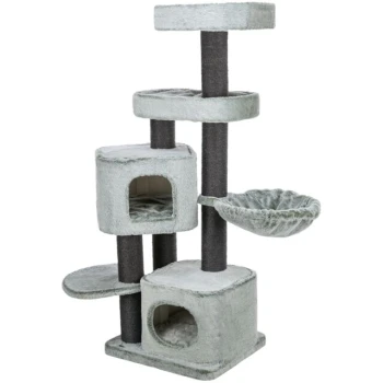 Grauer mehrstöckiger Katzenbaum mit zwei geschlossenen Würfelräumen, mehreren Plattformen und einer hängenden Hängematte.