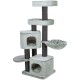 Grauer mehrstöckiger Katzenbaum mit zwei geschlossenen Würfelräumen, mehreren Plattformen und einer hängenden Hängematte.