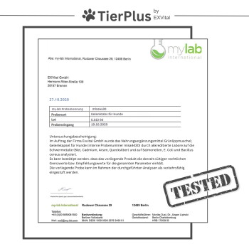 Zertifikat der Analyse für TierPlus von ExVital, das die Sicherheit und Konformität von Grünlippmuschel-Ergänzungen für Hunde bestätigt.