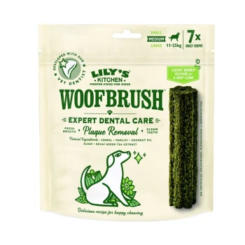 Friandises dentaires Lily's Kitchen Woof Brush pour chiens, présentant un bâton vert et du texte sur les soins dentaires, l'élimination de la plaque et les ingrédients naturels.