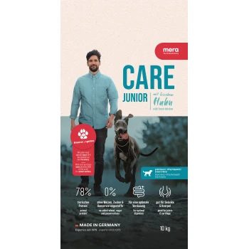Hundefutterverpackung mit 'Mera Care Junior' mit frischem Huhn, hebt 78% tierisches Protein, keinen zugesetzten Zucker und Vorteile für die Gelenke hervor. 10 kg.
