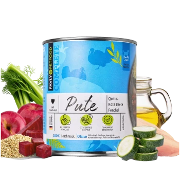 Dose mit FAVLY Tierfutter mit der Aufschrift "Pute", die Quinoa, rote Beete und Fenchel enthält, umgeben von frischen Zutaten wie Äpfeln, Zucchini und Öl.