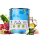 Dose mit FAVLY Tierfutter mit der Aufschrift "Pute", die Quinoa, rote Beete und Fenchel enthält, umgeben von frischen Zutaten wie Äpfeln, Zucchini und Öl.