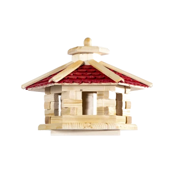 Holz-Vogelfutterhaus mit rotem Schindeldach und offenen Seiten, gestaltet wie eine kleine Hütte.