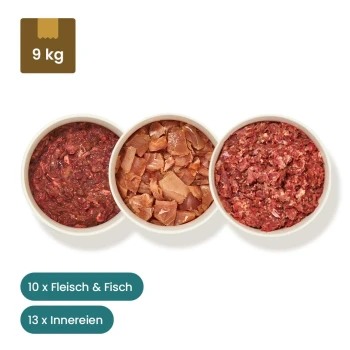 Haustierfutterprodukte: drei vakuumverpackte Pakete mit der Aufschrift "Fleisch" und "Thunfischfilet," plus Schalen mit Hackfleisch und Fisch.