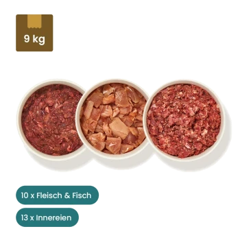 Haustierfutterprodukte: drei vakuumverpackte Pakete mit der Aufschrift "Fleisch" und "Thunfischfilet," plus Schalen mit Hackfleisch und Fisch.