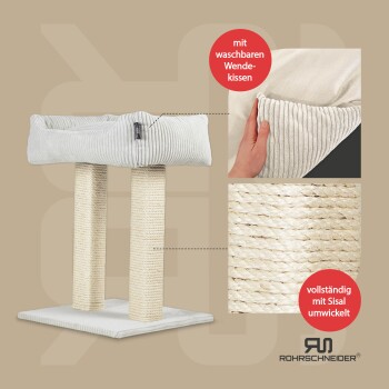 Katzenbaum mit einem weichen, abnehmbaren Kissen, ausgestattet mit sisalumwickelten Kratzpfosten; enthält Text, der waschbare Kissen und Sisalmaterial hervorhebt.