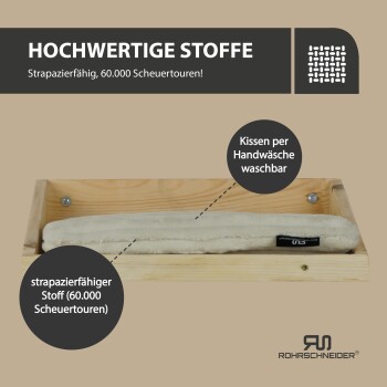 Holz-Haustierbett mit waschbarem Kissen, strapazierfähiger Stoff getestet auf 60.000 Reibungen, beschriftet mit „HOCHWERTIGE STOFFE“ von Rohrschneider.