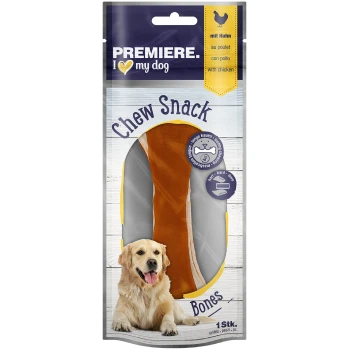 Kauknochen mit Huhn 1 Stück Hundekau-Snack mit einer großen, braunen, knochenförmigen Leckerei auf einem hellen Holzuntergrund, beschriftet mit "Kau-Snack-Knochen" in mehreren Sprachen.