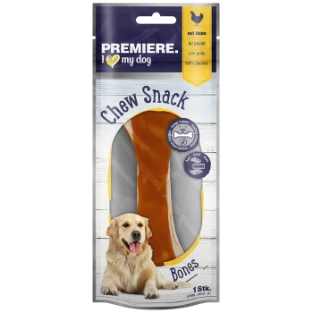 Hond kauwsnack met een grote bruine botvormige traktatie op een lichte houten achtergrond, gelabeld 'Chew Snack Bones' in meerdere talen.