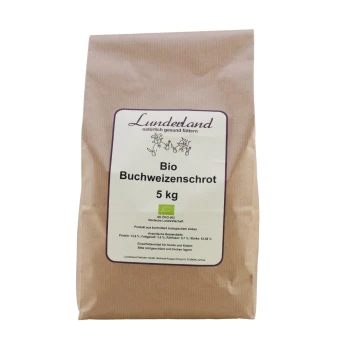 Braune Papiertüte mit der Aufschrift "Lunderland Bio Buchweizenschrot 5 kg" mit Nährwertangaben und einem grünen Bio-Zertifizierungslogo.