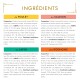 Ingrédients des aliments pour animaux en français intitulés «INGRÉDIENTS» montrant quatre sections : au POULET, au SAUMON, au LAPIN, aux ROGNONS et texte de composition