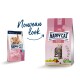 Image de deux paquets de nourriture pour animaux Happy Cat, l'un pour les chatons et l'autre pour les chats juniors (4-12 mois), avec le texte "Nouveau look".