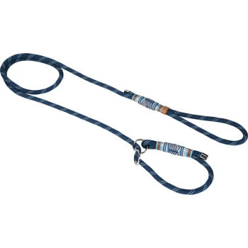 Navy blue dog leash with a patterned grip, featuring a loop handle and a metal clip for attaching to a collar.