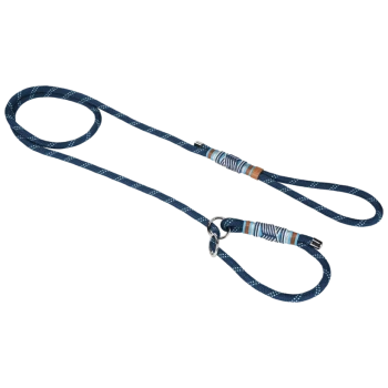 Navy blue dog leash with a patterned grip, featuring a loop handle and a metal clip for attaching to a collar.