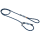 Navy blue dog leash with a patterned grip, featuring a loop handle and a metal clip for attaching to a collar.