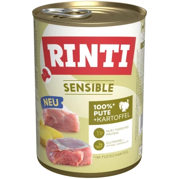 Etikett der Dosenhundenahrung RINTI Sensible mit den Aufschriften 'RINTI', 'SENSIBLE', '100% PUTE + KARTOFFEL', 'NEU' und Abbildungen von Pute und Fleisch.