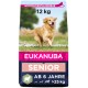EUKANUBA Senior Hundefutterbeutel, 12 kg, mit einem laufenden Golden Retriever. Der Text enthält "AB 6 JAHRE" und "WIEDERVERSCHLIESSBAR".