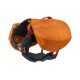 Orangenes Hunderrucksackgeschirr mit verstellbaren Riemen und gepolsterter Unterstützung, entworfen zum Tragen von Haustierbedarf.