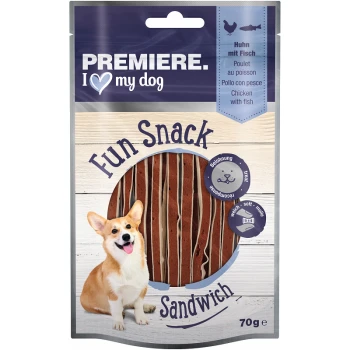 Een hondenkoekjespakket met een corgi en de tekst 'Premiere. I ❤️ my dog' en 'Fun Snack Sandwich' met 'Kip met vis' smaak.