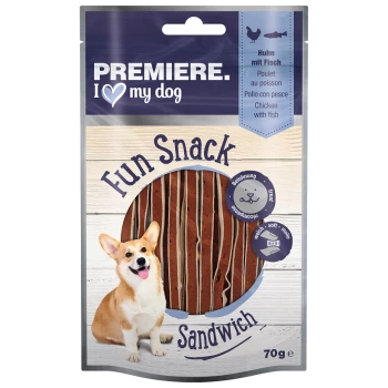 Un paquet de friandises pour chiens présentant un corgi et le texte "Premiere. I ❤️ my dog" et "Fun Snack Sandwich" avec une saveur "Poulet avec poisson."