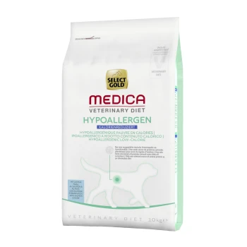 Tüte Select Gold Medica Veterinärdiät hypoallergenes Hundefutter, 10 kg, mit einem grünen und weißen Design und einer Silhouette eines Hundes.
