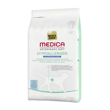 Tüte Select Gold Medica Veterinärdiät hypoallergenes Hundefutter, 10 kg, mit einem grünen und weißen Design und einer Silhouette eines Hundes.