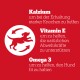 Roter Hintergrund mit weißem Text, der die Vorteile von Hundefutterergänzungen auflistet: "Kalzium" für starke Knochen, "Vitamin E" für Immununterstützung, "Omega 3" für Fitness.