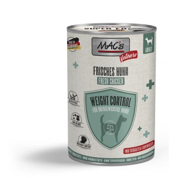 Dose MAC's Vetcare Fresh Chicken Weight Control Hundefutter für erwachsene Hunde, glutenfrei, kalorienarm, hoher Fleischanteil.